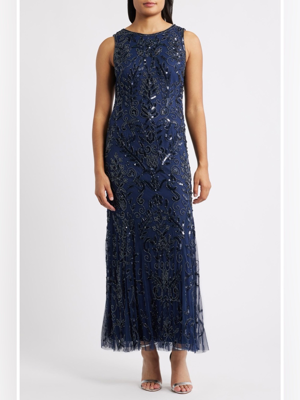 Pisarro Nights Evening Gown Dress Art Deco Beaded Sequin Navy Blue Black Long